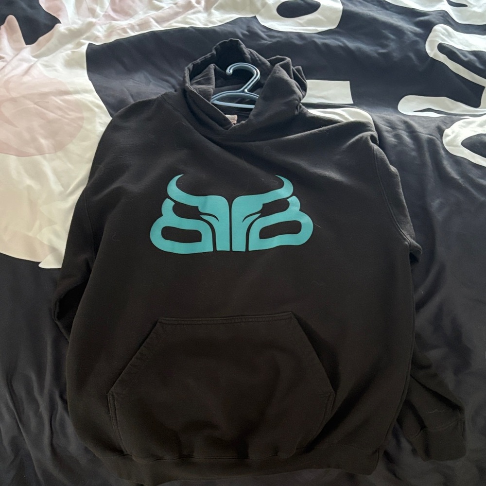 Black Hoodie with Teal Graphic - Men's Pullover Sweatshirt